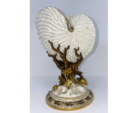 A Royal Worcester nautilus shell vase in gilded naturalistic colour, on circular base, height 22