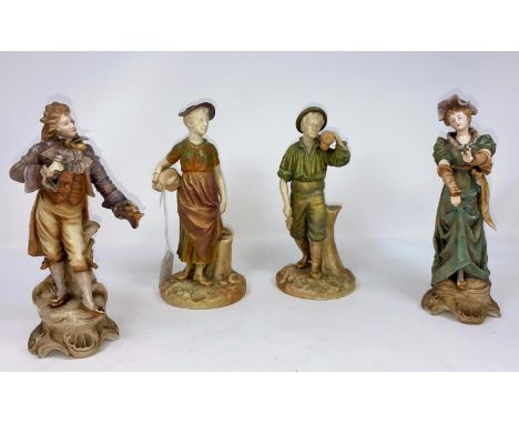 A Royal Worcester pair of figures in muted green and brown, man with an axe and woman with a bucket, 1774, height 18 cm (axe 