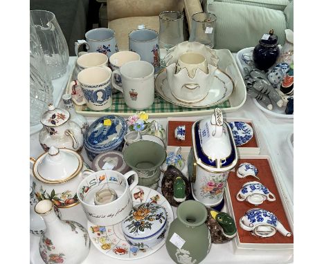 A Minton china clock; 2 Spode 3 piece miniature tea sets; decorative miniature china; Royal commemorative ware 