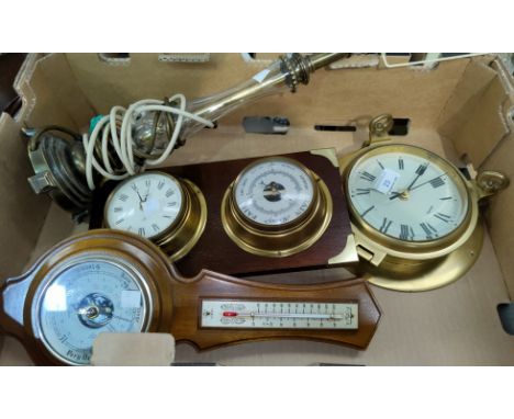 A reproduction ship's clock; a lock and barometer; metalware; bric-a-brac; etc. 