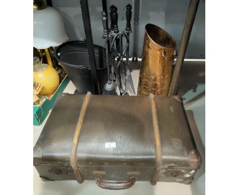 A vintage suitcase; a metal companion set; a coal bucket 