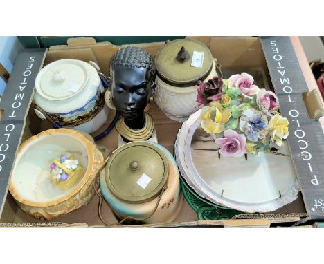 Three early 20th century biscuit barrels; a Royal Worcester dish (a.f.); majolica and other decorative plates; etc. 