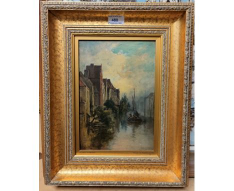Pollock S Nisbet ARSA:  "A Canal in Bruges", oil on board, signed 28 x 19, in gilt frame 