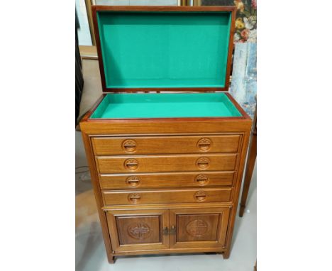 A modern 20th century Chinese cabinet for jade collectors, with hinged top, 4 drawers and double cupboard 850cm high x 560cm 