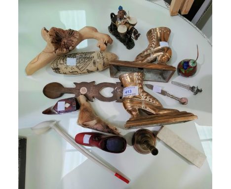 A Victorian pair of brass 'boot' doorstop; a boot pin cushion; a boot snuff box; a reproduction scrimshaw tusk; bric-a-brac 