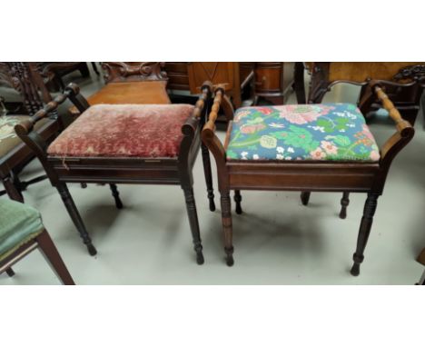Two vintage piano stools and a cane work chair 