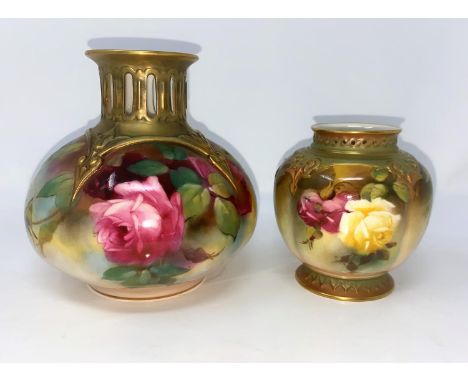 A Royal Worcester squat circular vase with pierced slender neck, hand painted with roses, H36, unsigned, height 14 cm; a simi