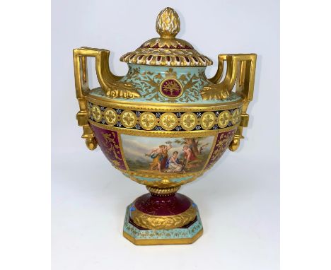 A Vienna porcelain covered oval vase in the classical style, on pedestal with 2 handles, reserve polychrome panels depicting 