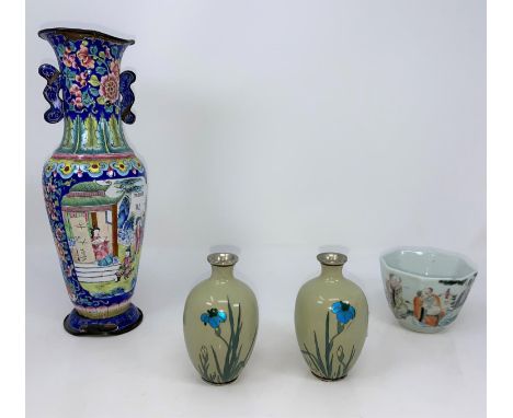 Two miniature cloisonne vases, a Chinese enameled vase and a Chinese porcelain octagonal bowl Both vases - cracks n enamel at