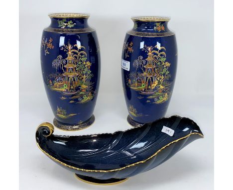 A 1930's pair of Carltonware vases of ovoid form decorated with chinoiserie scenes, height 27 cm; a Carltonware leaf dish; a 