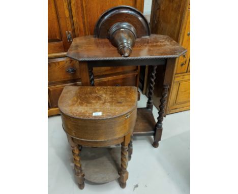 A 1930's sewing table with box top; a 1930's 2 tier occasional table with canted edging, on barley twist supports; a wall she