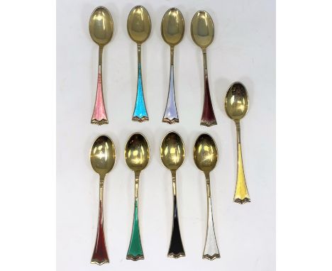 A set of 9 Norwegian silver gilt and coloured enamel coffee spoons stamped 'sterling', 2.75oz 