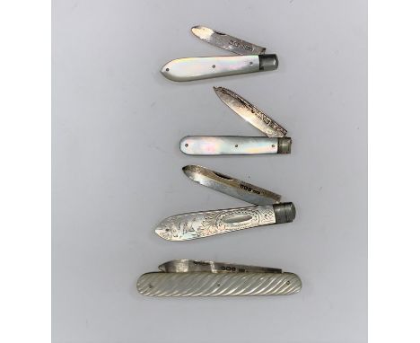 Four hallmarked silver and mother of pearl penknives, Sheffield various dates 