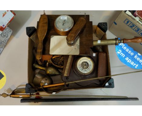 Two 1930's barometer/brush racks; a brass stirrup pump; a carved ebonised walking cane; ornamental brassware 