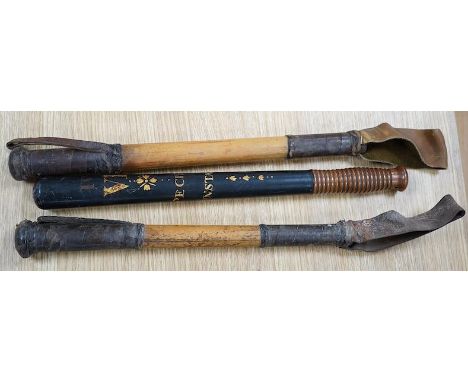 A William IV Victorian overpainted Special Constable truncheon and two bamboo shaft riding crops, largest 46cm. Condition - f