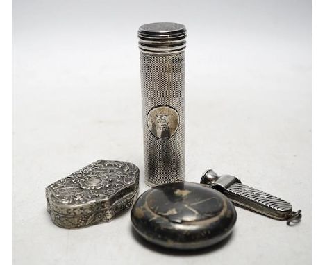Small silver - a Victorian engine turned travelling shaving brush, mm. JV, London 1858, 8.5cm, a Continental white metal snuf