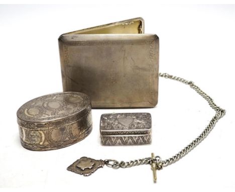 A 19th century Continental white metal oval snuff box, 7cm wide, 89g, a silver snuff or pill box, makers mark R &amp; B, Birm