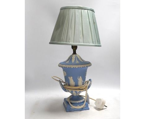 A blue Wedgwood jasperware table lamp, 28cm high. Condition - good Some scratches to the bisque. Would benefit from a clean