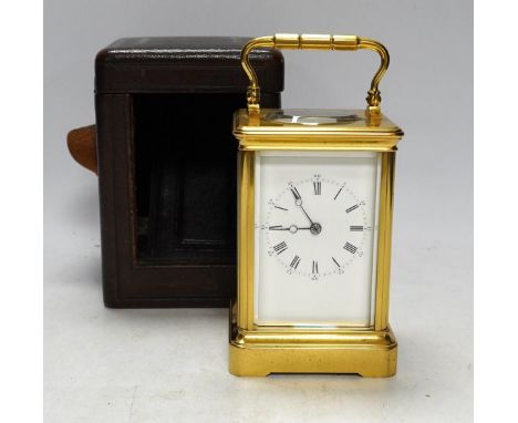 A cased unnamed brass carriage clock, 14cm tall. Condition - fairCondition:  With key. Winds and is currently ticking, no chi