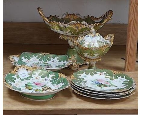 A circa 1835 part dessert set of floral and gilt decorated Rockingham style china, pattern number 6626, centrepiece 34cm wide