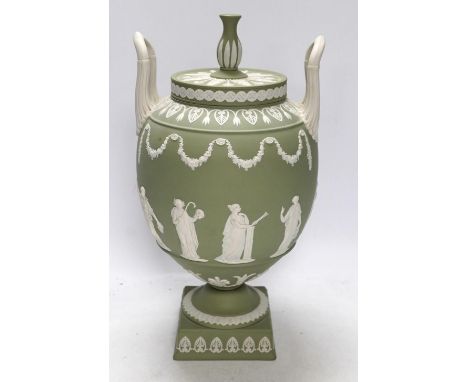 A large Wedgwood green jasper urn and cover, 30cm. Condition - good Minor light scuffs, base needs tightening.