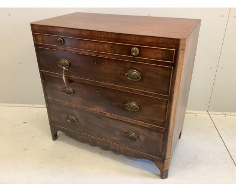 A George IV banded mahogany dressing chest, the fitted drawer with baize lined sliding surface and adjustable easel mirror, w