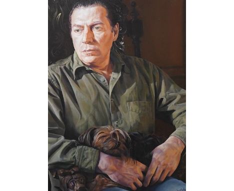 Sacha Newley, oil on canvas, Portrait of a gentleman with dog, 89 x 69cm. Condition - good