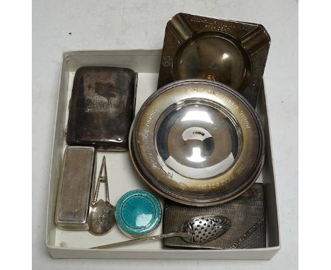 Small silver to include - two cigarette boxes, a William IV snuff box, an 18th century moat spoon, an enamelled pill box, a g