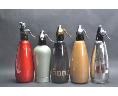 A group of five vintage retro 20th century circa 1970’s siphon bottles. The collection include four aluminium body bottles by