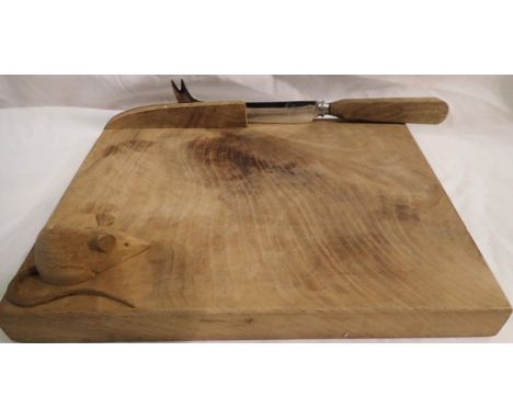Cheeseboard and knife set in the style of Robert Thomas Mouseman, slight damage, one knife holder has broken off. P&amp;P Gro