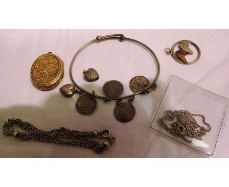 Silver coin mounted bangle, further silver and costume jewellery. P&amp;P Group 1 (£14+VAT for the first lot and £1+VAT for s