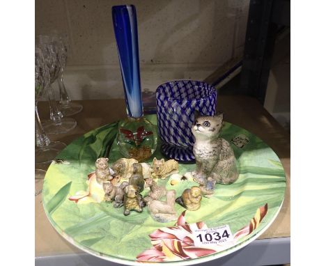 Mixed ceramics and glass including Wade Whimsies, a Beswick tabby, Spode etc. Not available for in-house P&amp;P 