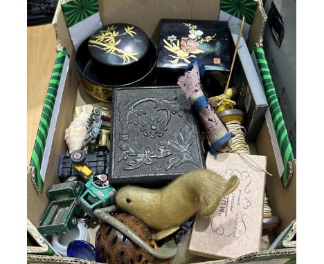 Mixed collectables including a carved oak box, North Western Railway uniform etc. P&amp;P Group 3 (£25+VAT for the first lot 
