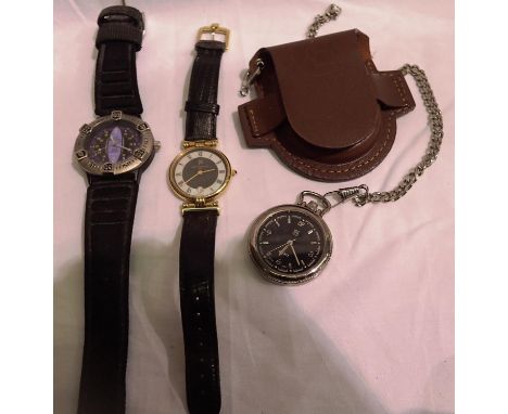Two wristwatches and a fob watch, requiring batteries. P&amp;P Group 1 (£14+VAT for the first lot and £1+VAT for subsequent l