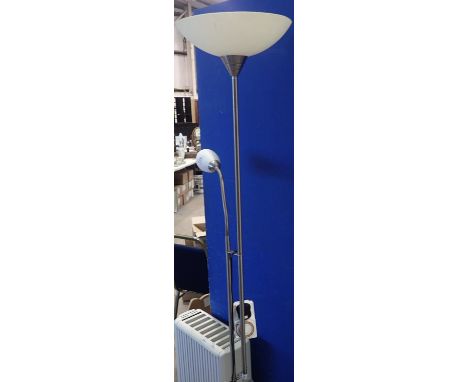 Modern brushed steel mother and daughter standard lamp, H: 182 cm. Not available for in-house P&amp;P 