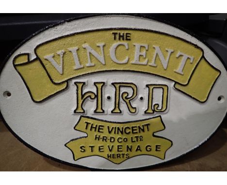 Cast iron Vincent Motorcycles plaque, W: 35 cm. P&amp;P Group 1 (£14+VAT for the first lot and £1+VAT for subsequent lots) 