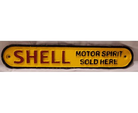 Cast iron Shell Sold Here plaque, W: 15 cm. P&amp;P Group 1 (£14+VAT for the first lot and £1+VAT for subsequent lots) 