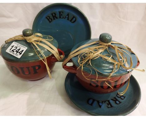 Pair of red and blue ceramic covered soup bowls with bread plates. P&amp;P Group 2 (£18+VAT for the first lot and £3+VAT for 
