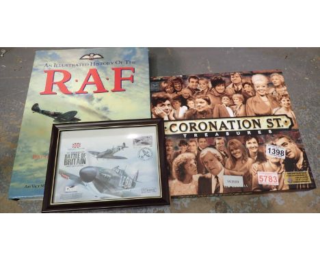 Illustrated History of The RAF, Coronation Street book and a framed Spitfire first day cover. P&amp;P Group 2 (£18+VAT for th