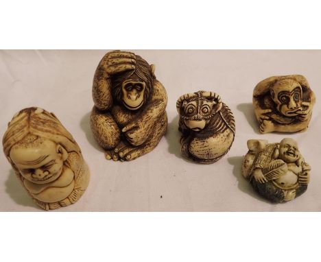 Five resin Netsuke  figurines. P&amp;P Group 1 (£14+VAT for the first lot and £1+VAT for subsequent lots) 