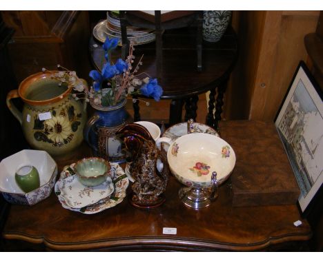 A Regina ware fruit bowl on stand, together with other ceramics and a vintage dressing brush set, etc. 