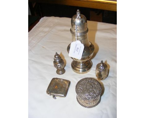 A silver sugar shaker, pepperette etc.