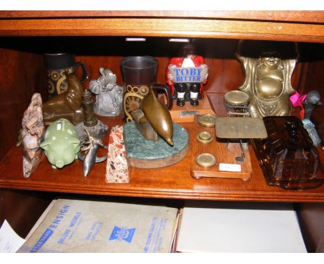 A set of old postal scales together with ornaments