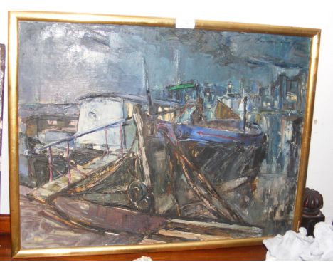 JACK LAWRENCE MILLER (1916-1987) - oil on canvas - 'Chelsea Houseboats' - signed and dated 1963 - 44cm x 60cm 