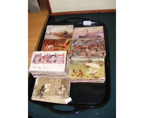 A selection of vintage postcards including locomotives and steam ships