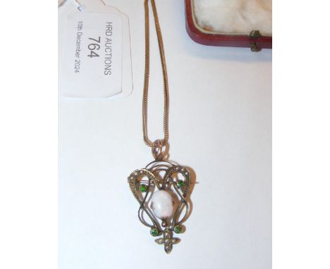 An Edwardian opal and seed pearl pendant on 9ct mount and chain