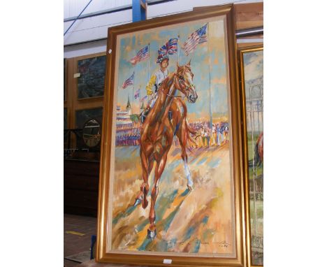 JACK LAWRENCE MILLER (1916-1987) - oil on canvas - horse racing event - signed and dated 1986 - 110cm x 60cm 