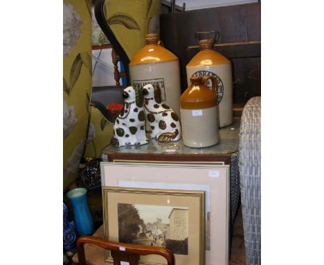 A Mew Langton's stoneware beer barrel with others, together with a pair of Staffordshire firedogs and assorted pictures  