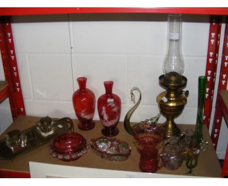 A brass oil lamp, inkwell and pen stand, together with assorted coloured glass 