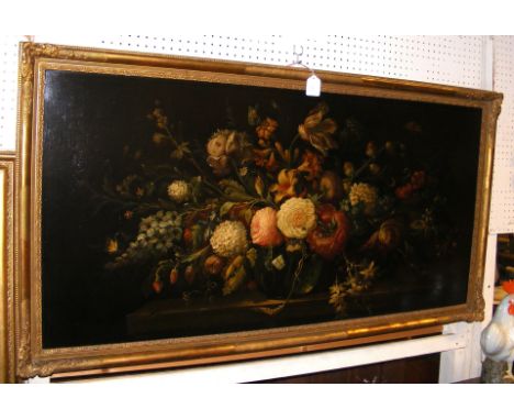 An early, possibly Dutch, oil on canvas still life flowers with insects - 56cm x 116cm